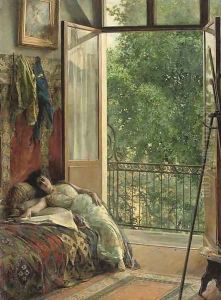 Modellpause a break in the studio by Edouard Frederic Wilhelm Richter