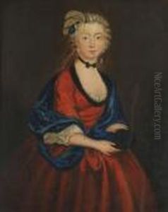 Portrait Of A Lady, Small 
Standing Three-quarter-length, In A Red Dress With A Blue Wrap, Holding A
 Mask