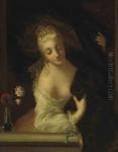 A Lady En Deshabille At A Parapet Beside A Vase Of Flowers