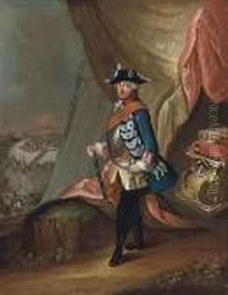 Portrait Of Frederick Ii Of 
Prussia (1712-1786), Full-length, Inmilitary Uniform, A Baton In His 
Right Hand, Standing In Alandscape, A Battle Beyond - view 1