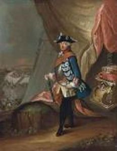 Portrait Of Frederick Ii Of
Prussia (1712-1786), Full-length, Inmilitary Uniform, A Baton In His
Right Hand, Standing In Alandscape, A Battle Beyond by Antoine Pesne