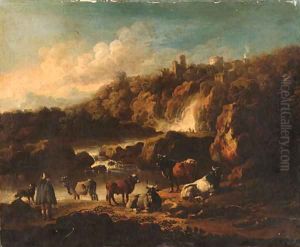 Cattle in a landscape by Johann Melchior Roos