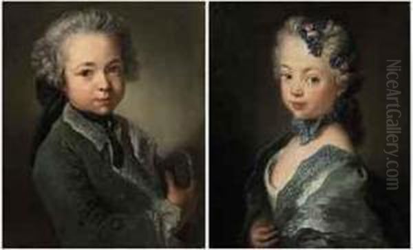 Portrait Of The Artist's 
Grandson, Bust-length, In A Fur-linedgreen Coat, Holding A Tricorne; And
 Portrait Of The Artist'sgrand-daughter, Bust-length, In A White Dress 
With A Blue Mantle, Ablue Ribbon And A Flowered Headdress - view 1