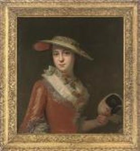 Portrait Of A Lady, Half-length,
 In A Red Embroidered Dress, And Astraw Hat, A Mask In Her Left Hand by Antoine Pesne