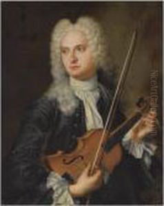Portrait Of A Musician, Half
Length, Wearing A Blue Coat With Awhite Chemise, Tuning His Violin by Antoine Pesne