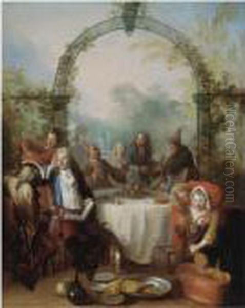 Elegant Figures Dining In A Garden Setting - view 1