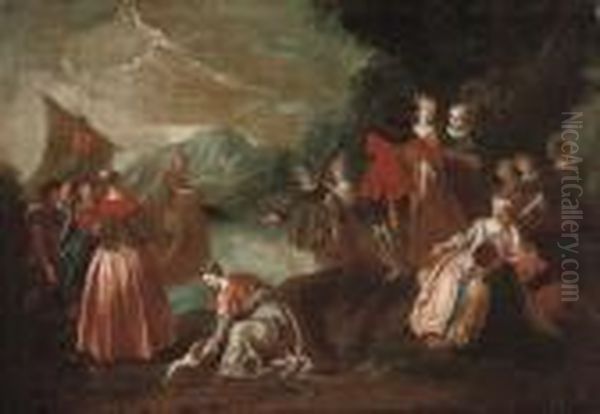 A Wooded Coastal Landscape With Elegant Company In The Foreground And A Ship Beyond - view 1