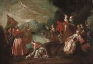 A Wooded Coastal Landscape With Elegant Company In The Foreground And A Ship Beyond by Antoine Pesne