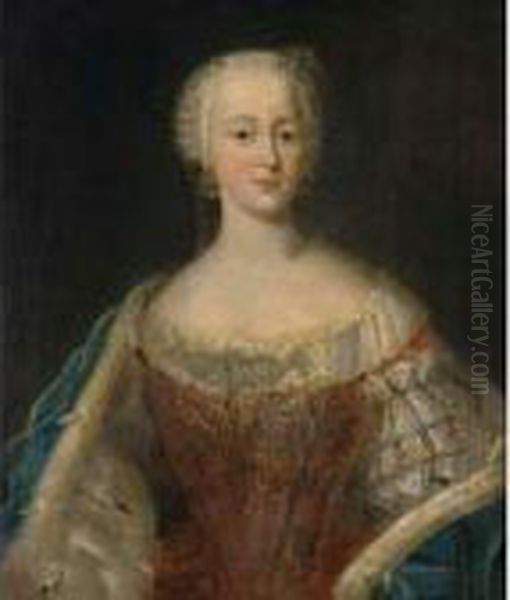 A Portrait Of A Lady Of
Electoral Title, Half Length, Wearing A Red Dress With A Blue
Ermine-lined Cloak - view 1