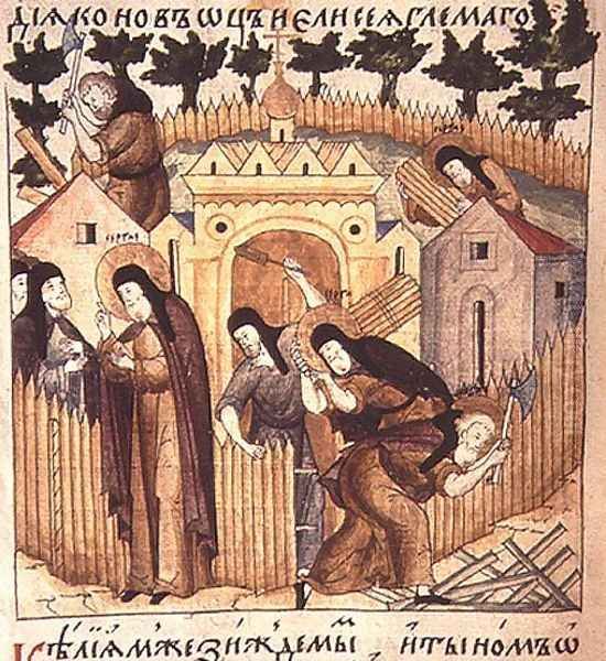 St. Sergius of Radonezh c.1314-92 overseeing the construction of a cell and church at Zagorsk - view 1