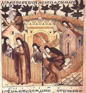 St. Sergius of Radonezh c.1314-92 overseeing the construction of a cell and church at Zagorsk St. Sergius of Radonezh c.1314-92 overseeing the construction of a cell and church at Zagorsk