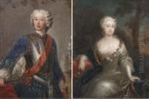 Portrait Of A Gentleman, 
Three-quarter-length, In A Blue Coat Witha Breastplate, Holding A Baton 
In His Right Hand, A Battlefieldbeyond; And Portrait Of A Lady, Seated, 
Three-quarter-length, In Asilk Grey Dress And Blue Shawl, In A Landscape