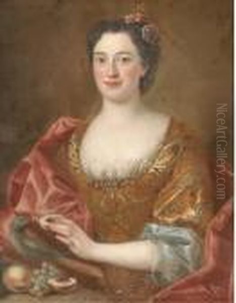 Portrait Of A Lady, Half-length,
Wearing A Gold-embroidered Dressand Feeding Fruit To A Parrot - view 1