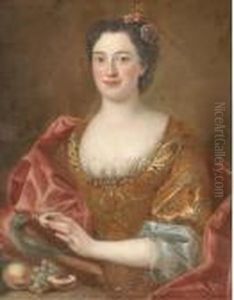 Portrait Of A Lady, Half-length,
 Wearing A Gold-embroidered Dressand Feeding Fruit To A Parrot