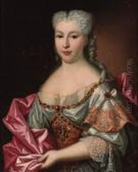 Portrait Of A Lady, Half-length,
 Wearing A White Embroided Dresswith Lace Trim And A Pink Wrap - view 1