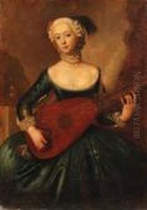 Portrait Of A Lady, Three-quarter-length, In A Blue Dress, Playinga Lute