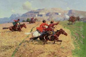 Cossacks charging into battle by Franz Roubaud