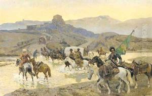 Circassian cavalry fording a stream by Franz Roubaud
