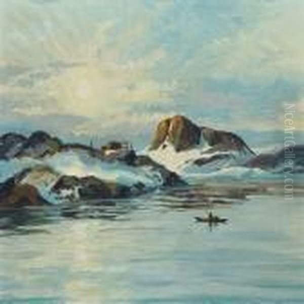 Greenlandic Coastal Landscape With Hunters At Theircabin - view 1