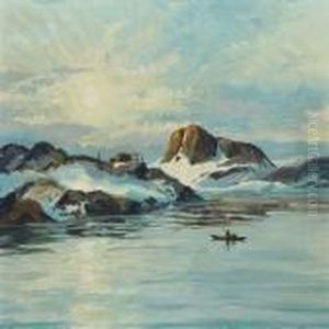 Greenlandic Coastal Landscape With Hunters At Theircabin