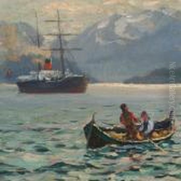 Scenery Fromscoresby Sund With Steamer And Cano - view 1