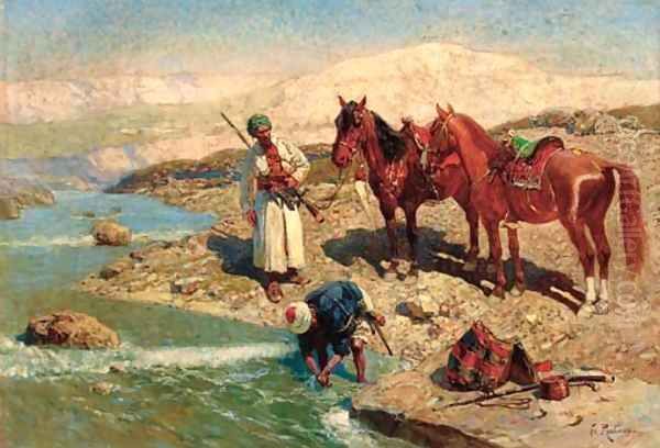 Arab horsemen washing by a river - view 1