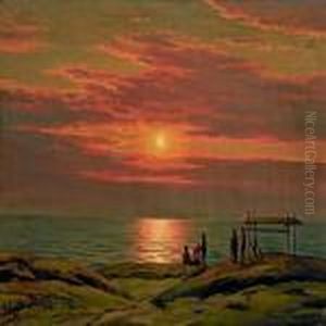 A Greenlandic Family Looking At The Midnight Sun