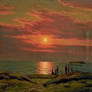 A Greenland Familylooking At The Midnight Sun