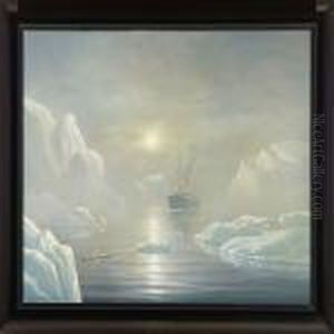 A Steam Ship And Kayak Among Icebergs by Emanuel A. Petersen