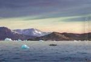 Emanuel A. Petersen: View From 
Julianehaabs Inlet. Signed Ema. P. "fra Julianehaabsfjorden". Oil On 
Plate. 30 X 42 Cm.