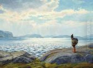 An Inuit Woman Carrying A Child On Her Back By A Fiord by Emanuel A. Petersen