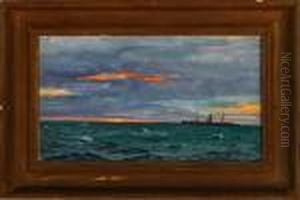 A Marine With A Steamship Sailing On Open Sea At Sunset - view 1