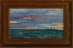A Marine With A Steamship Sailing On Open Sea At Sunset A Marine With A Steamship Sailing On Open Sea At Sunset