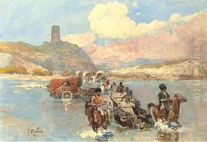 Caucasians crossing a river