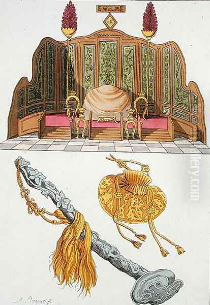 Throne of a Chinese Emperor, Yo-yo sceptre and cap, illustration from Le Costume Ancien et Moderne by Giulio Ferrario, published c.1820s-30s - view 1