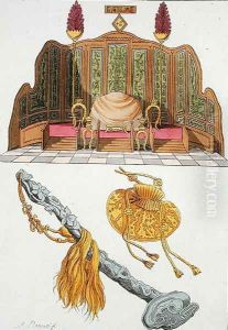 Throne of a Chinese Emperor, Yo-yo sceptre and cap, illustration from Le Costume Ancien et Moderne by Giulio Ferrario, published c.1820s-30s