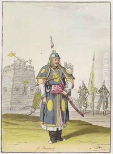 Chinese soldier in full battle dress, illustration from Le Costume Ancien et Moderne by Giulio Ferrario, published c.1820s-30s