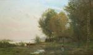 Lavandiere Et Pecheur Au Bord De L'estuaire by Edmond Marie Petitjean