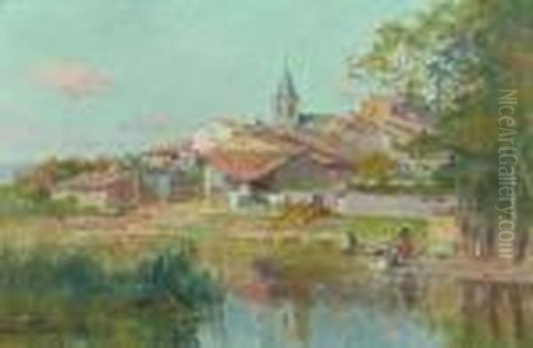 Vue De Village Avec Lavandieres En Bord De Riviere. - view 1