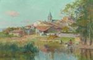 Vue De Village Avec Lavandieres En Bord De Riviere. by Edmond Marie Petitjean