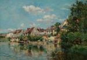 Vue D'un Village Au Bord De La Riviere by Edmond Marie Petitjean