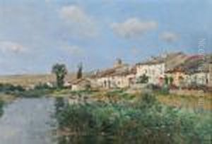 Village Et Lavandieres Au Bord De Lariviere En Saintonge by Edmond Marie Petitjean
