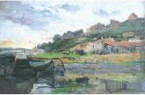 Village En Bord De Riviere by Edmond Marie Petitjean