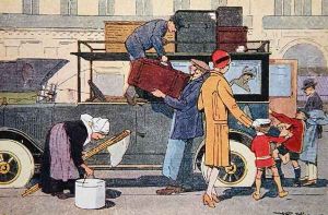 Leaving for the country, illustration from a school textbook, c.1920 by F. Raffin