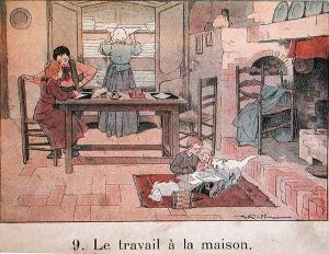 An evening's work in the country, illustration for a school textbook, c.1900 by F. Raffin