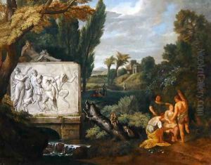 A Classical landscape with maidens dancing by a sarcophagus depicting the Triumph of Silenus 2