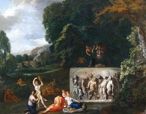 A Classical landscape with maidens dancing by a sarcophagus depicting the Triumph of Silenus by Pieter Rysbrack