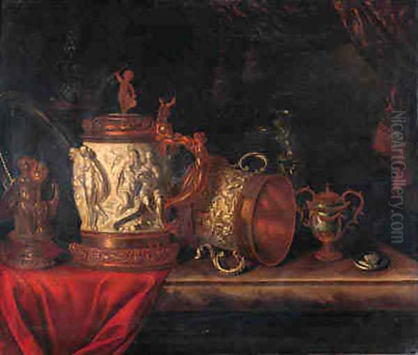 A pronk still life with a gilt dish, a gilt cup and cover, a bronze sculpture of a seated putto, an ormulo mounted carved ivory tankard - view 1
