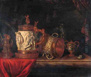 A pronk still life with a gilt dish, a gilt cup and cover, a bronze sculpture of a seated putto, an ormulo mounted carved ivory tankard A pronk still life with a gilt dish, a gilt cup and cover, a bronze sculpture of a seated putto, an ormulo mounted carved ivory tankard