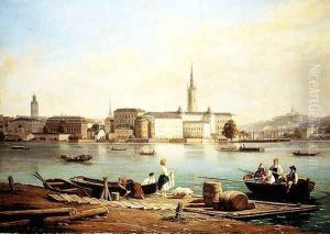 A view of Riddarholmen on Lake Malaven with the Ridarhuset and the Riddarholms church beyond, Stockholm by Martinus Rorbye